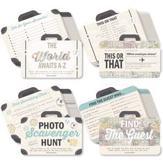 four different styles of luggage tags with the words find the guest and find the world