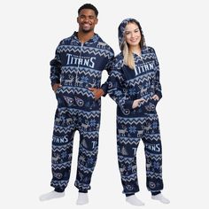 Tennessee Titans Ugly Pattern One Piece Pajamas FOCO - FOCO.com Winter Fire, Womens Pjs, Matching Christmas Pajamas, Onesie Pajamas, Word Mark Logo, Matching Family Pajamas, Family Christmas Pajamas, One Piece Pajamas, Tennessee Titans