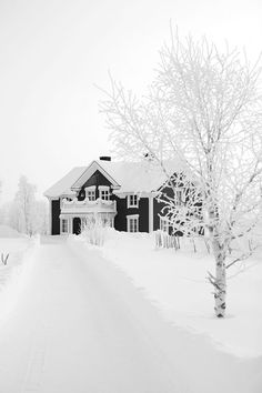 a black and white photo of a house in the middle of winter with snow on the ground