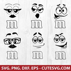 six different faces drawn in the shape of m and m with eyes, nose and mouth