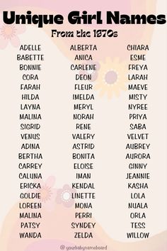 Unique girl names from the 1970s- some are still popular today! Retro names vintage names groovy vibes 🌼 #names #nameideas #girlnames #babygirl #girlmom #nameinspo #groovy #vintage #retro #retronames #flowerpower #1970s #babyshower #nursery #pregnancy #expecting #pregnant #babyfashion #genderreveal #unique #beautiful #namesforgirls #babynames #pregnancyannouncement #mother #motherhood #maternity #fashion 1980s Names, 60s Names, 70s Names, Crazy Girl Names, Vintage Names Girl, Retro Names, Exotic Names, Female Character Names, Names For Girls