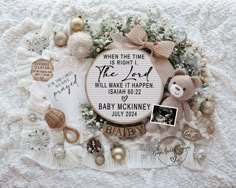 a baby announcement with teddy bears and other items