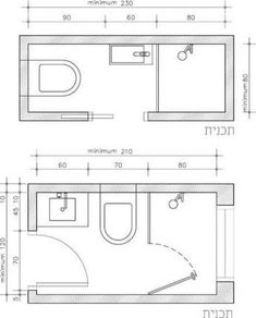 two drawings of a bathroom with toilet, sink and shower in the same drawing style