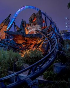 the roller coaster is lit up at night