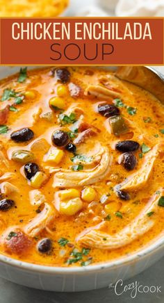 Chicken Enchilada soup with beans, corn, and chunks of chicken in a red broth Chicken Enchilada Soup Recipes, Enchilada Soup Recipe, Homemade Soup Recipe, Chicken Enchilada Soup, Enchilada Soup, Chicken Enchilada, Delicious Soup Recipes, Soup Dinner, Chicken Soup Recipes