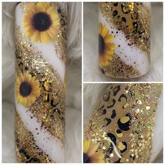 sunflowers painted on white and gold glitter with black dots, in three different ways