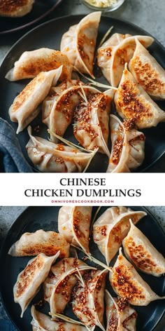 chinese chicken dumplings on a black plate with dipping sauce and seasoning in the background