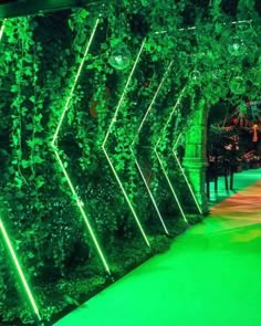 a green room with plants growing on the walls and lights in the ceiling above it