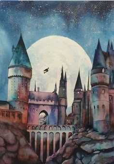 a painting of hogwarts castle with a full moon in the background