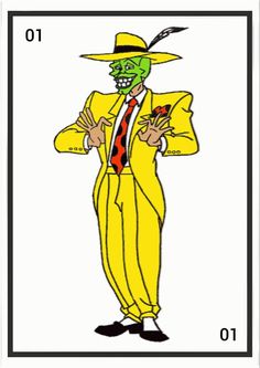 a card with an image of a man in a yellow suit and hat on it