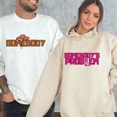 "Somebody's Problem Couples Matching Sweatshirt, Gift For Wife, Western Couples Shirt, Funny Matching Hoodies, Woman Nashville Country Gift This is Moko Shirt!   -Don't forget to see all the photos in listings for details like print color options and sizes and shirt colors.  -Use the drop-down menus to notify the sizes and colors of your shirts.  -Prices vary depend on the shirt sizes.  -Shirts are soft and regular relax fit. Below there are some information about my products and shop.  -Sweatsh Western Couples, Couple Outfits Matching, Nashville Country, Funny Matching, Outfits Matching, Couple Fits, Couple Stuff, Relationship Stuff, Matching Hoodies