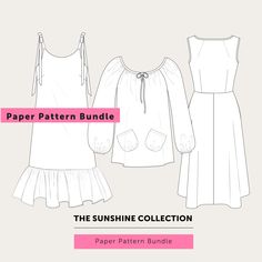 the paper pattern bundle includes two dresses, one with ruffled sleeves and an open back