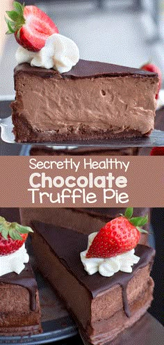 a slice of chocolate truffle pie with whipped cream and strawberries on top