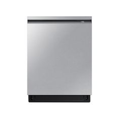 a dishwasher that is stainless steel and has black trim on the bottom panel