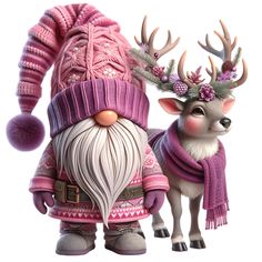 a couple of reindeer standing next to each other wearing sweaters and hats with antlers on their heads