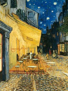 a painting of people sitting at tables in an outdoor cafe under a night sky with stars