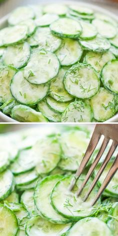 cucumber slices being cooked in a pan with tongs