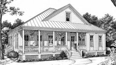 this is a black and white drawing of a small house with porches on the front