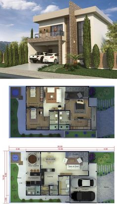 two story house plan with garage and living room in the middle, one bedroom on each floor