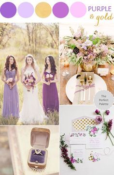 purple and gold wedding color palettes for the bride's bouquet, ring box, napkin