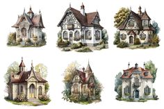 four different styles of houses with trees and bushes