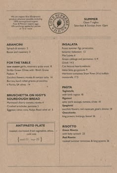 the menu for an italian restaurant is shown in black and tan paper with white lettering