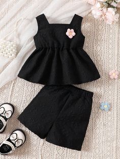 Black  Collar   Floral,Plain  Embellished Non-Stretch  Baby Girls Clothing Baby Tops Design, Baby Top Design, Kids Dress Collection, Kids Frocks Design