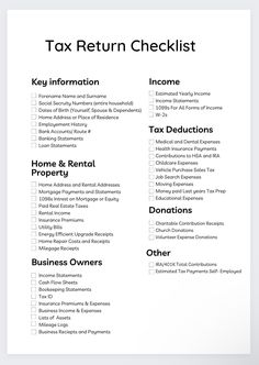 the tax return checklist is shown in black and white, with text on it