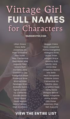 an advertisement for the vintage girl full names for characters, with text overlaying it