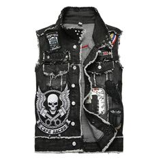 PRICES MAY VARY. 80'S RETRO CLASSIC JEAN VEST：full button motorcycle Sleeveless jacket,fashion cut-off sleeve design，reflecting the rock and roll style,will definitely let you catch all the eyes and get a lot of compliment. CLASSIC VINTAGE STYLE: Button up closure, sleeveless lapel denim vest jacket, regular fit, cool vintage biker waistcoat, shows your attractive figure and charm Material: This denim men's sleeveless jackets is made of high-quality material with 70% Cotton, 20% Polyester, 10% Viscose, with Good quality cloth and great design as the denim casual jacket is very soft, breathable and comfy for casual wear. Easy to match: This vest is a great match, you can wear it with almost anything you wear, such as shirts, hoodies, t-shirts and casual trousers, providing you with a fashio Skull Vest, Punk Denim, Denim Vest Men, Trendy Patches, Black Denim Vest, Skull Embroidery, Hip Hop Jacket, Denim Waistcoat, Punk Rock Outfits