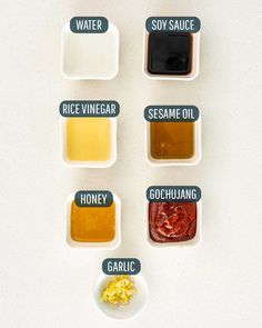 six different types of sauces in small dishes on a white surface with words above them