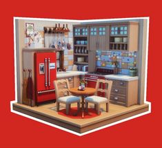 a red refrigerator sitting inside of a kitchen next to a table