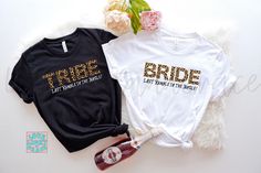 two t - shirts that say bride and groom on them