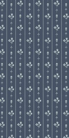 a blue and white striped wallpaper with small flowers on the bottom half of it