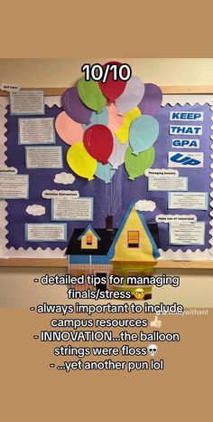 a bulletin board with some balloons on it