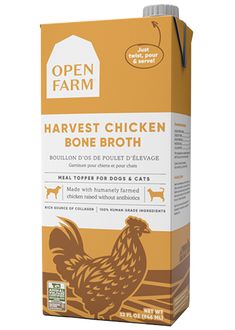 the open farm chicken bone broth is shown in front of an orange carton