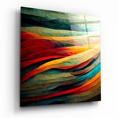 an abstract painting with multicolored lines on the canvas, mounted to a wall