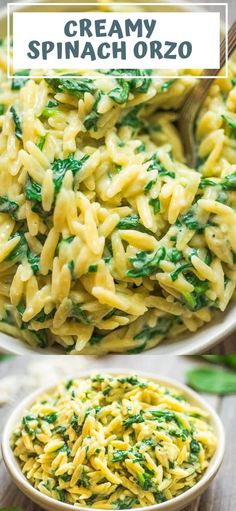 creamy spinach orzo in a white bowl and on a wooden table with text overlay