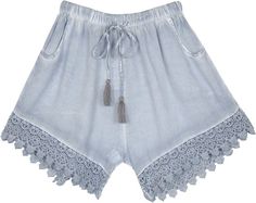 A pair lightweight rayon cloud grey sheer beach shorts that feature a beautiful crochet lace at the bottom to enhance the bohemian look and cute drawstring tassels in a complementing color.  These pair of shorts have pockets on both sides and have a streaky sophistication about them with the texture and fall. #tlb #Pocket #Yoga #vacationclothing #beachwrap #bohemianfashion #BohemianShorts #SummerShorts #BeachShorts #Crochethemshorts Bohemian Style Shorts With Crochet Trim For Summer, Bohemian Shorts For Beach Season, Bohemian Shorts With Crochet Trim For Vacation, Bohemian Lace Bottoms For Summer, Bohemian Lace Summer Bottoms, Summer Bohemian Lace Bottoms, Bohemian Bottoms With Crochet Trim For Summer, Bohemian Summer Bottoms With Crochet Trim, Bohemian Vacation Bottoms With Crochet Trim