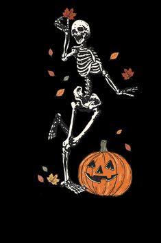 a skeleton is standing next to a pumpkin