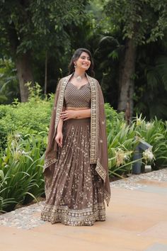 Roman Coffee Faux Blooming Lehenga Choli with Heavy Embroide