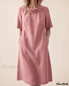 OliviaMark - Classically Designed Relaxed Cotton Linen Dress with Short Sleeves and Round Neckline Linen Loose Dress, Hemp Dress, Chic Shirts, Dress With Short Sleeves, Cotton Linen Dresses, Linen Short, Round Neck Dresses, Crewneck Dress, Basic Outfits