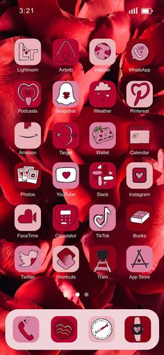 an iphone screen with red flowers and icons on the bottom right corner, which are pink in color