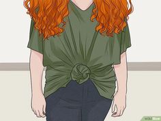 an orange haired woman with long red hair wearing a green shirt and black pants, looking at the camera