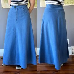 Vintage denim maxi skirt. This piece zips up in the front with a button, and has wonderful pockets at front, a V yoke at back. Floor length, ulined. The fabric is a soft lightweight denim Condition: excellent vintage condition, some of the stitching is a little wobbly, but over a great job.  Labels/tags: none, handmade Measurements: taken flat -waist  14.5" taken side to side -hip 20" taken side to side, 7" down -overall length 39" *To ensure a great fit, we recommend comparing the measurements Maxi Rock, Jean Vintage, Denim Maxi, Denim Maxi Skirt, Great Job, Vintage Jeans, New Vintage, Vintage Denim, Vintage Finds