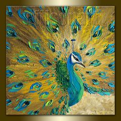 a painting of a peacock with feathers spread out