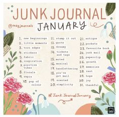 a poster with the words junk journal january written in it's uppercase and lowercase letters