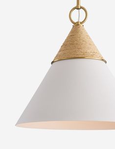 a white and gold pendant light hanging from a ceiling fixture with a ring at the top