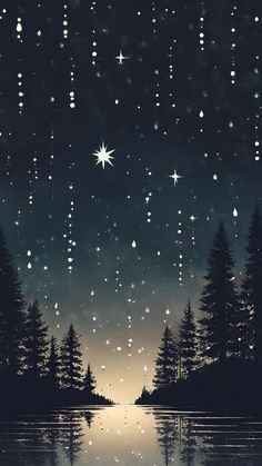 the night sky is filled with stars and falling snowflakes, reflecting in water