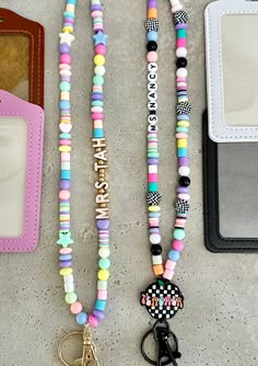 These clay and acrylic bead lanyards go with everything! They are fun and colorful to match any outfit! This listing is for lanyard only, add an ID badge in drop-down box. Lanyard length about 18" with badge 22", but can be made any size This lanyard has clay  beads with smaller seed beads, jump ring and clasp. If you would like break away clasp add in personalized box Name is bottom up, if you would like it top to bottom please let us know Letters are Upper Case only ,  NO apostrophes, symbols or numbers Work in style!! Makes a great teacher gift  Click here to view more lanyards: https://www.etsy.com/shop/SnickerdoodleDIY?ref=seller-platform-mcnav&search_query=Lanyards Teacher Lanyard Nurse Lanyard Boho Lanyard ID Lanyard Cheap Playful Lanyards For Gifts, Classroom Lanyard Organization, Silicone Bead Color Combos, Diy Bead Lanyard, Diy Teacher Lanyard Beads, Beaded Teacher Lanyard, Teacher Lanyard Ideas, Diy Teacher Lanyard, Lanyards Diy